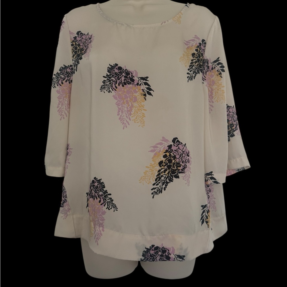 DKNYC Ivory Blouse with Lavender and Charcoal Floral Design